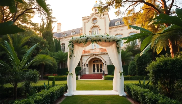 Gorgeous decor at a Jacksonville Wedding Venue featuring floral arch and historic architecture.
