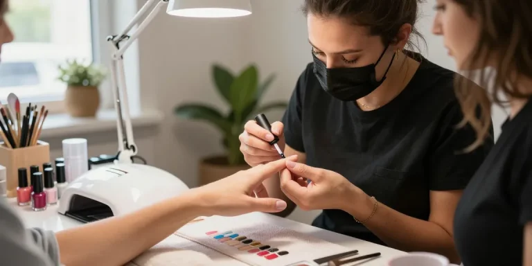 Aplicarea bazei și a top coat-ului unghiilor într-un salon stylish cu culori vibrante de ojă.