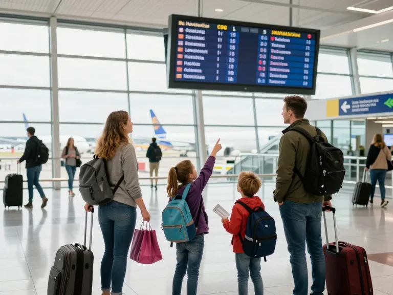 Leeds Bradford Airport from Halifax, family excited at airport departure board with luggage and boarding passes.