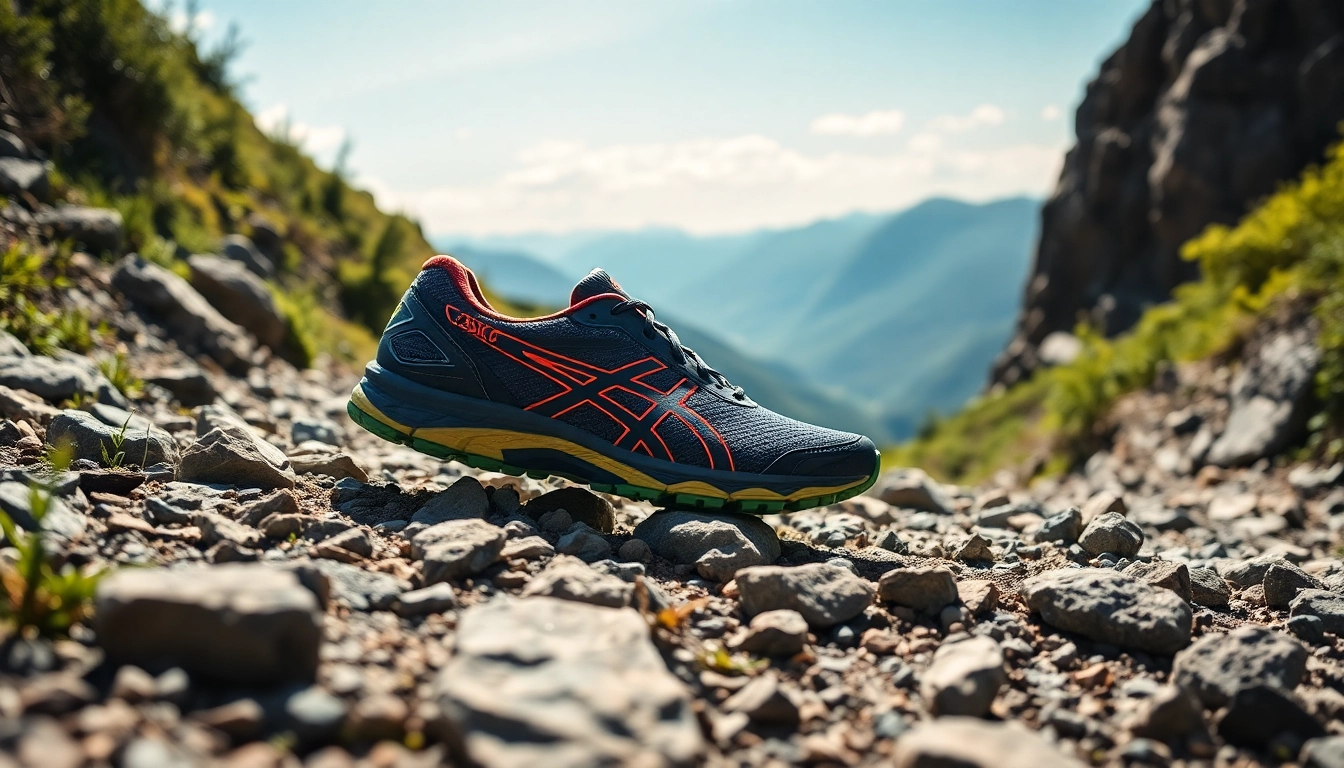 Corriendo con los asics trabuco 12 en caminos empedrados, mostrando su resistencia y diseño.