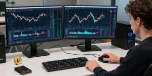 Bitcoin mining service in a tech-forward workspace, featuring cryptocurrency charts and secure digital wallets.