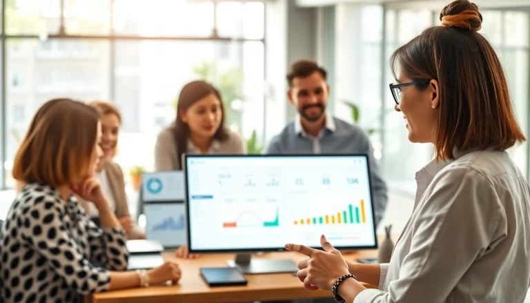 Engaged employees using an enterprise assistant for seamless collaboration in a bright office.
