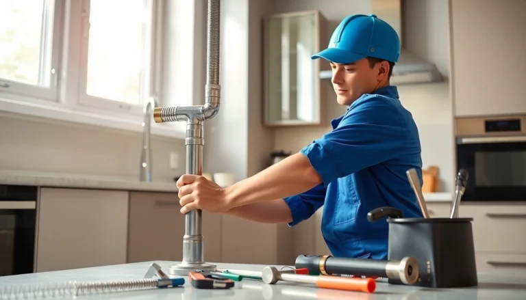 Plumber near me fixing a pipe in a modern kitchen, showcasing skills and reliability.