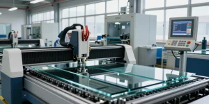 Operator using a cutting machine glass in a modern manufacturing facility with advanced technology.