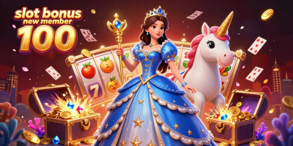 Engage with slot bonus new member 100 excitement as vibrant slot reels spin by a whimsical unicorn in a vibrant casino scene.