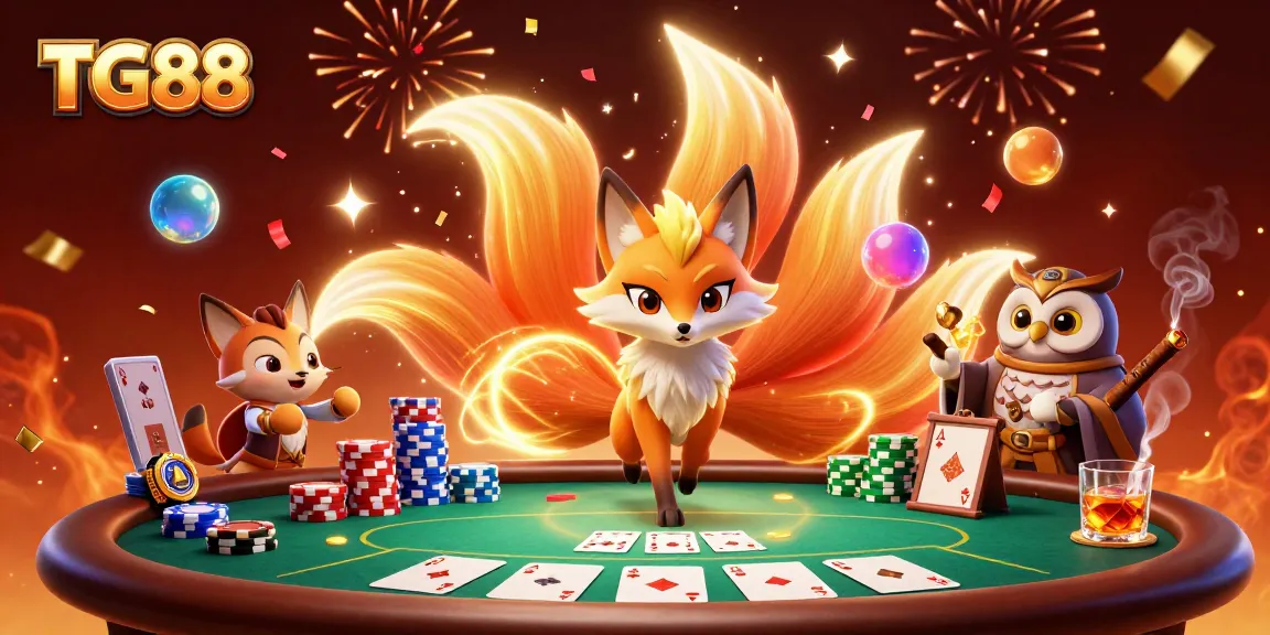 Engage thrillingly with TG88's vibrant gaming scene featuring a winning poker hand and colorful characters.