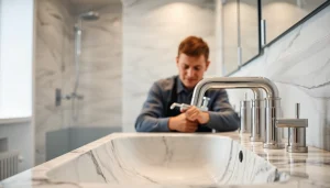 Technician demonstrating quality work by sonni sanitär GmbH in a modern bathroom setup.