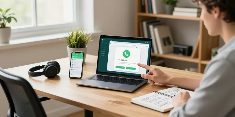 Person using WhatsApp網頁版 in a cozy home office with tech gadgets.