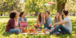 Friends enjoying a spring picnic while sharing a crush on someone special in a cheerful outdoor scene.