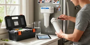 AQUA CREST EDR1RXD1 Replacement for W10295370A filter installation in a bright kitchen, highlighting DIY home maintenance.