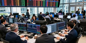 Traders analyzing data on a busy trading floor, showcasing trading market insights in action.