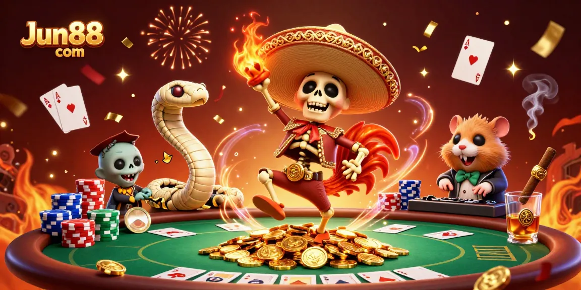 Unleash thrilling victories at Jun88 com with a festive casino scene filled with vibrant characters and poker action.