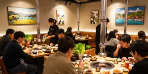 Dining at Sangbong-dong 한국관나이트 showcasing vibrant dishes in a cozy atmosphere.