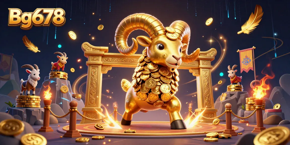 Engage with Bg678's thrilling online gameplay, featuring a massive golden ram charging through a vibrant casino scene.