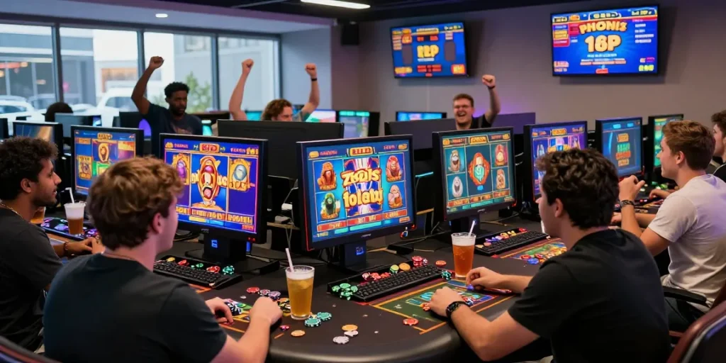Players enjoying zeus slot in a lively gaming room with modern screens.