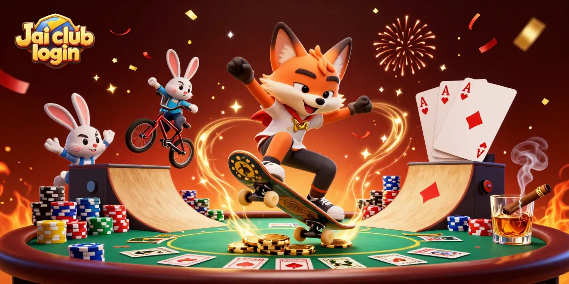 Play thrilling games with Jai club login as cartoon characters celebrate in a vibrant casino scene.