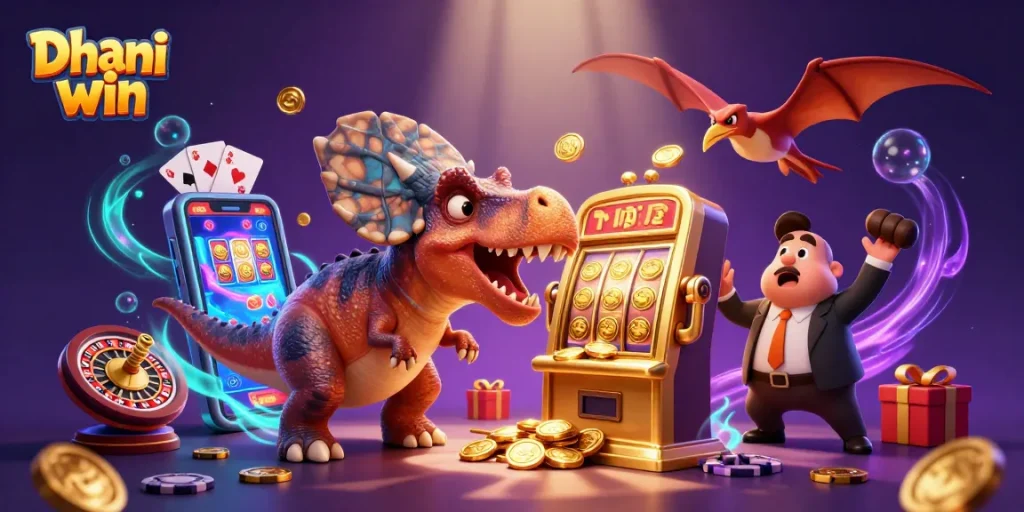 Dhani win animation with dinosaurs interacting with a slot machine amid floating coins and colorful gaming elements.