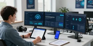 Cyber essentials managed service in a modern cybersecurity workspace with a technician analyzing compliance data on multiple monitors.