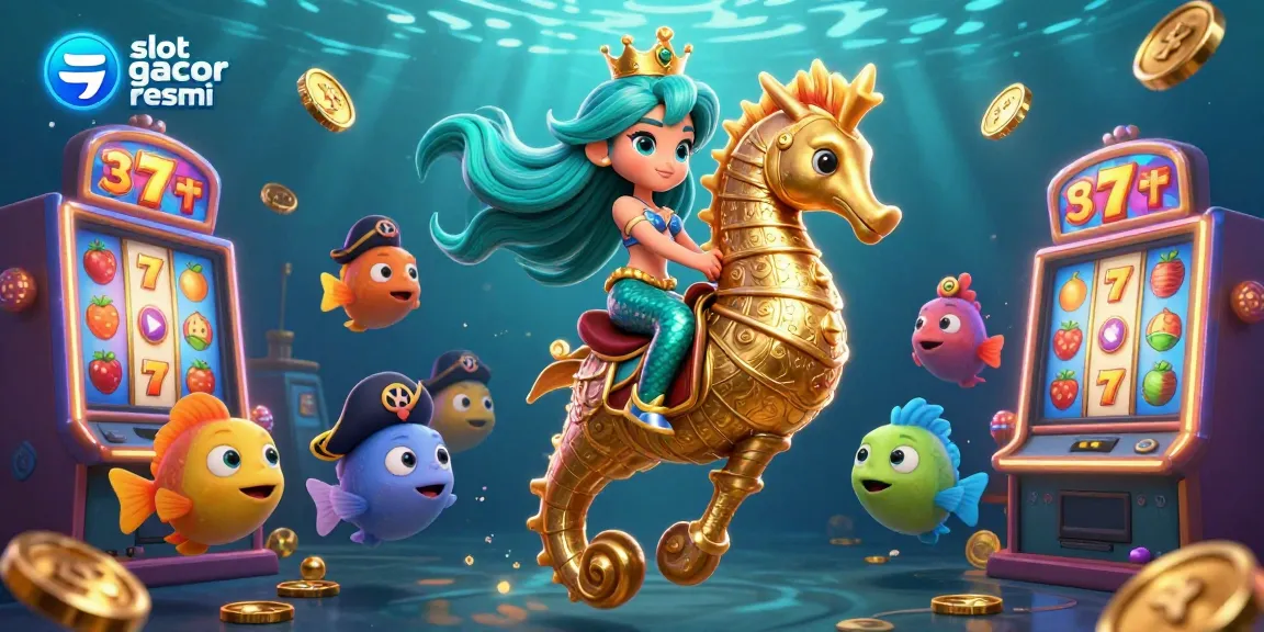Celebrate wins with vibrant slot gacor resmi illustration showcasing a mermaid and giant seahorse amidst colorful gaming elements.