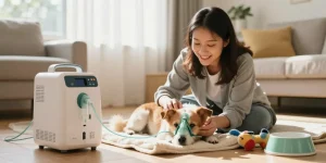 Pet oxygen solutions for dogs in a cozy home therapy setting with compassionate owner.