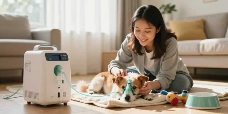 Pet oxygen solutions for dogs in a cozy home therapy setting with compassionate owner.