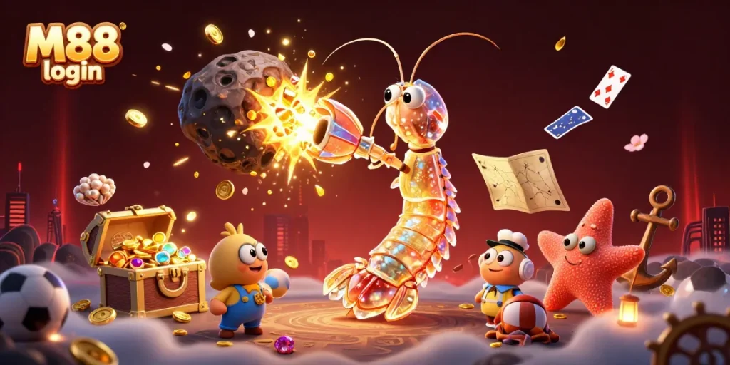 M88 login to access a vibrant casino adventure featuring a galactic mantis shrimp amidst gold coins and sports elements.