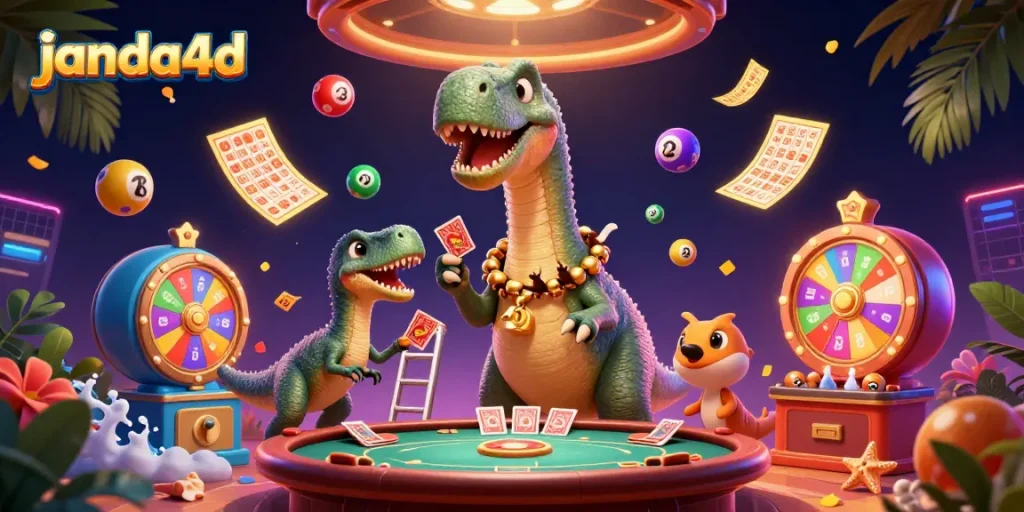 Permainan slot di janda4d dengan karakter kartun 3D dan elemen kasino yang menarik.