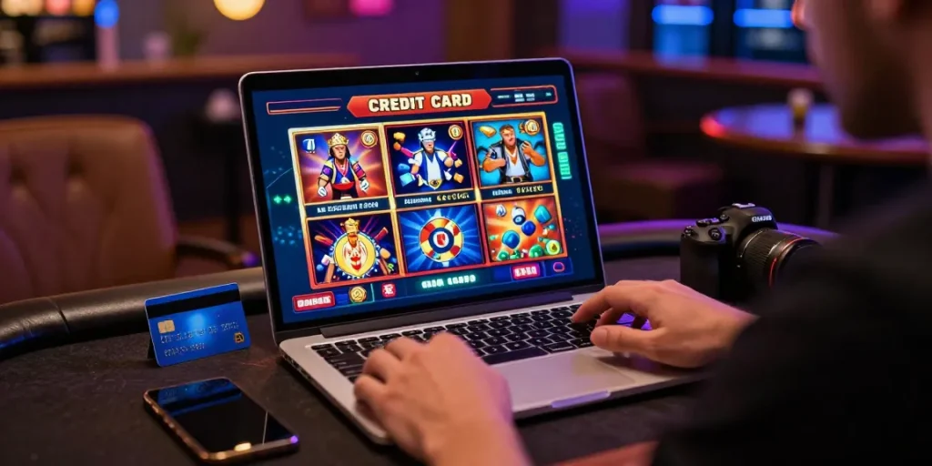 Exciting gaming experience at credit card casinos with player on laptop, credit card on table.