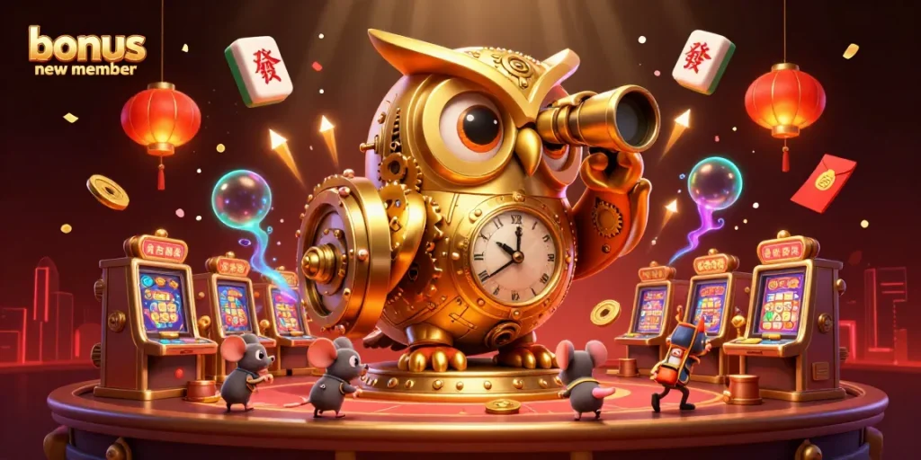 Engage with bonus new member opportunities in this vibrant casino scene filled with festive elements.