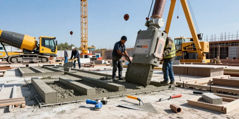 NAGA2000 concrete product being poured on a construction site with skilled workers and machinery.