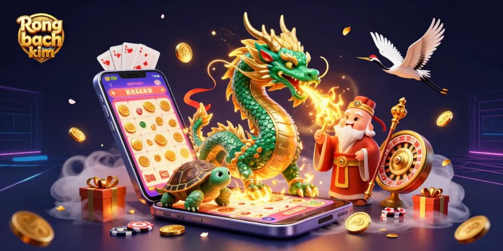 Engage in thrilling lottery strategies with Rong bach kim as the majestic jade dragon roars among luck symbols and vibrant colors.