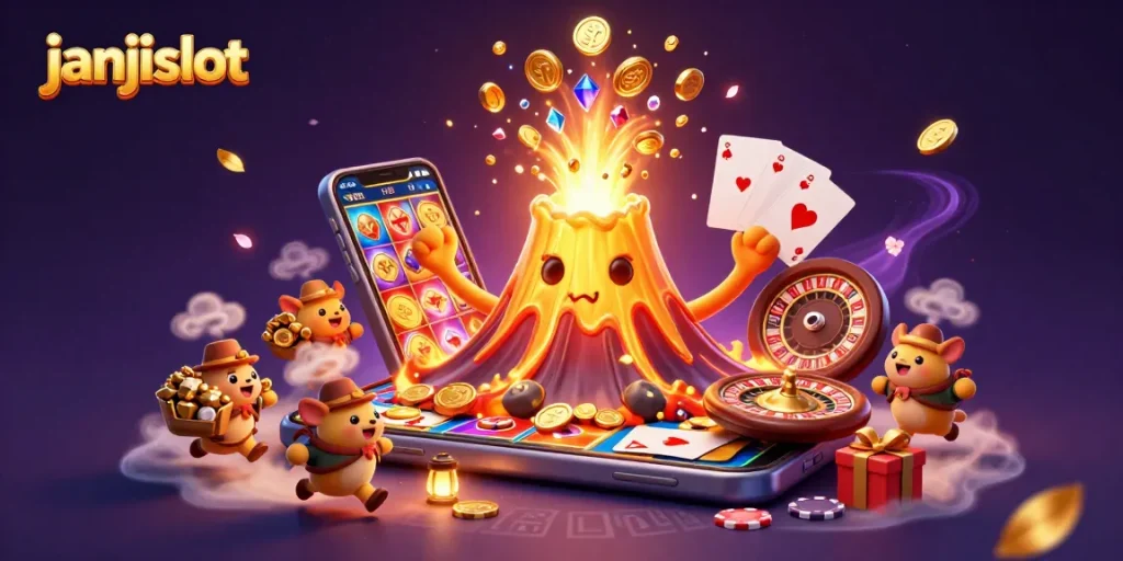 Experience thrilling gameplay with janjislot's dynamic casino-themed illustration featuring a golden volcano and treasure!