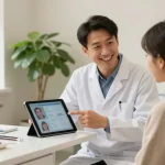 Discover more here, a dentist discussing treatment plans with a patient in a bright dental clinic.
