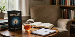 Explore T Allen Greenfield's book UFOnauts at https://tallengreenfield.com, surrounded by cozy reading atmosphere.