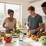 Group of friends using the best weight loss app while preparing healthy meals together in a bright kitchen.